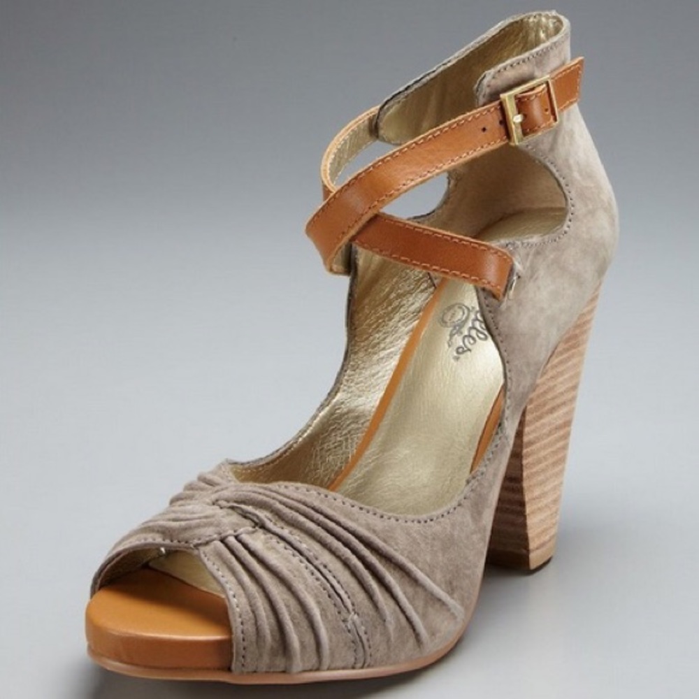 Seychelles suede peep-toe heels, clay color